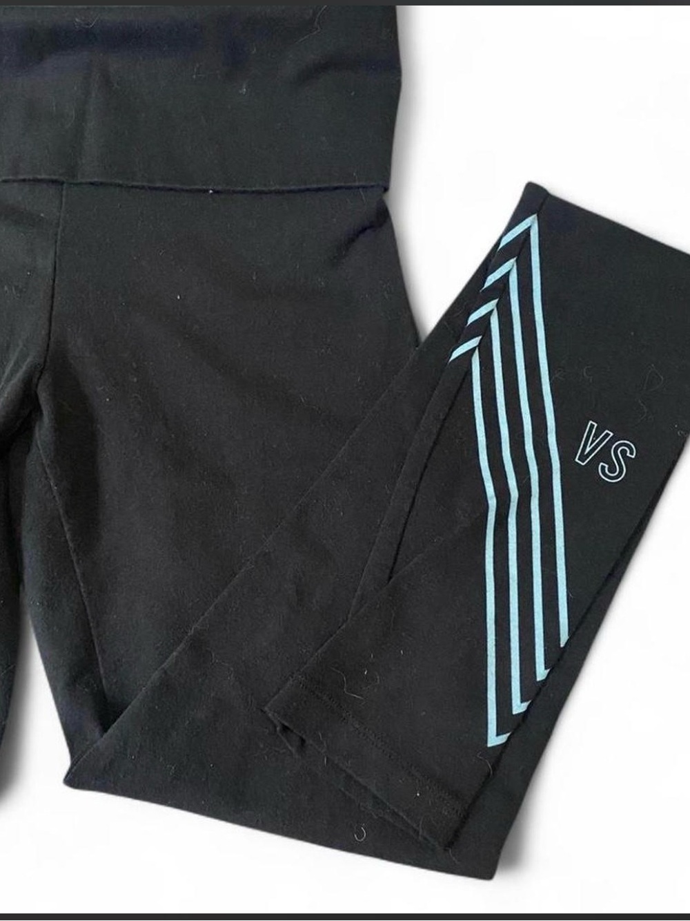 Victoria's Secret Foldover Black Leggings with Light Blue Chevron Stripe